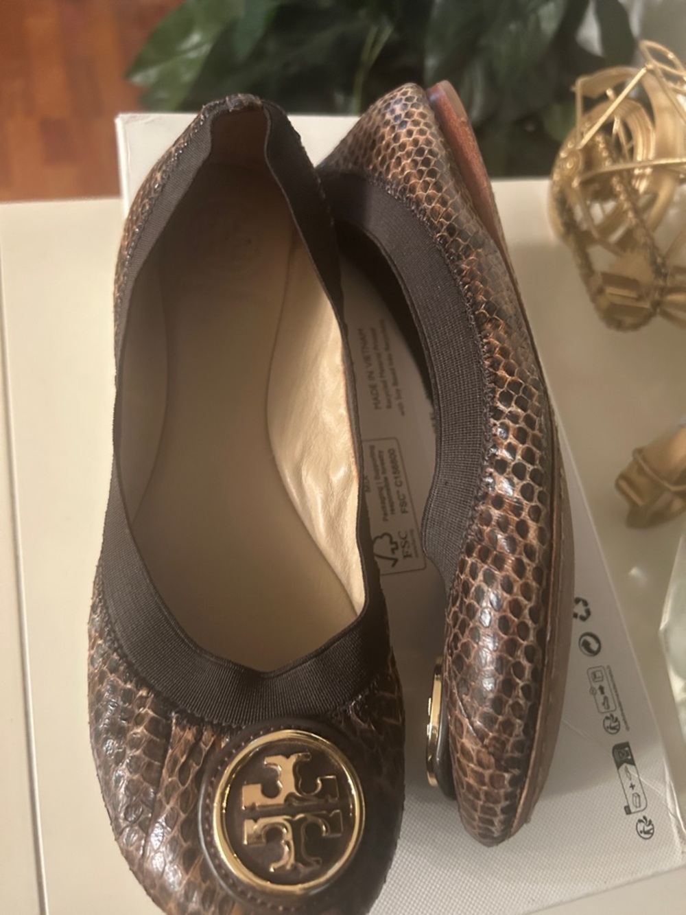 Tory Burch Brown Snake-Embossed Logo Round-Toe Flats - Picture 6 of 11